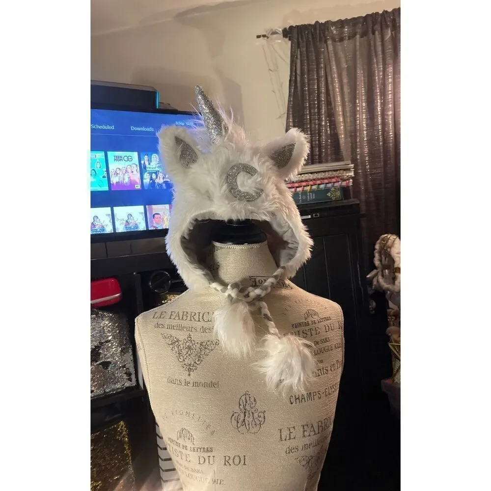 Justice girls white unicorn sparkle novelty hoodie hat initial C